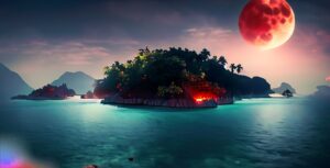 Firefly A Beautiful Island at the middle of the ocean surrounding a huge jungle at night having blo