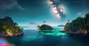 Firefly A Beautiful Island at the middle of the ocean surrounding a huge jungle at night hd 4k 295