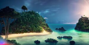 Firefly A Beautiful Island at the middle of the ocean surrounding a huge jungle at night hd 4k 299