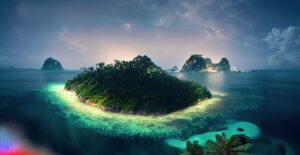 Firefly A Beautiful Island at the middle of the ocean surrounding a huge jungle at night hd 4k 375