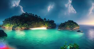 Firefly A Beautiful Island at the middle of the ocean surrounding a huge jungle at night hd 4k 400