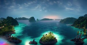 Firefly A Beautiful Island at the middle of the ocean surrounding a huge jungle at night hd 4k 550