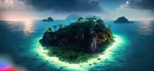 Firefly A Beautiful Island at the middle of the ocean surrounding a huge jungle at night hd 4k 60