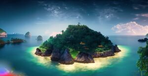 Firefly A Beautiful Island at the middle of the ocean surrounding a huge jungle at night hd 4k 982