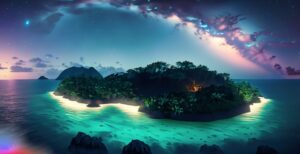 Firefly A Beautiful Island at the middle of the ocean surrounding a huge jungle at night milky star