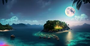 Firefly A Beautiful Island at the middle of the ocean surrounding a huge jungle at night moon hd