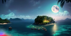 Firefly A Beautiful Island at the middle of the ocean surrounding a huge jungle at night moon hd 2