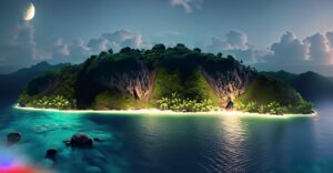 Firefly Island at the middle of the ocean surrounding a huge jungle at night 74412