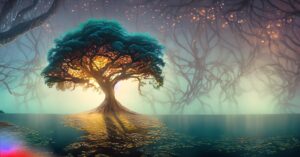 Firefly ancient tree glittering water with dim but pearlescent fog in the background wide shot ni 14
