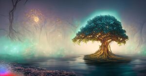 Firefly ancient tree glittering water with dim but pearlescent fog in the background wide shot ni 35