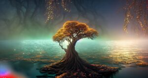 Firefly ancient tree glittering water with dim but pearlescent fog in the background wide shot ni 38