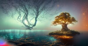 Firefly ancient tree glittering water with dim but pearlescent fog in the background wide shot ni 4 1