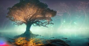 Firefly ancient tree glittering water with dim but pearlescent fog in the background wide shot ni 43