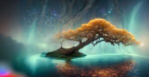 Firefly ancient tree glittering water with dim but pearlescent fog in the background wide shot ni 47