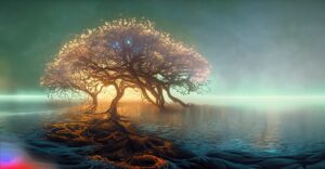 Firefly ancient tree glittering water with dim but pearlescent fog in the background wide shot ni 49