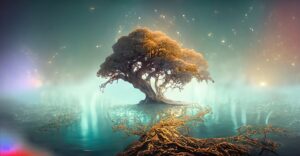 Firefly ancient tree glittering water with dim but pearlescent fog in the background wide shot ni 56