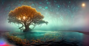 Firefly ancient tree glittering water with dim but pearlescent fog in the background wide shot ni 57
