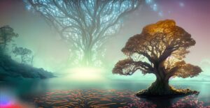 Firefly ancient tree glittering water with dim but pearlescent fog in the background wide shot ni 65