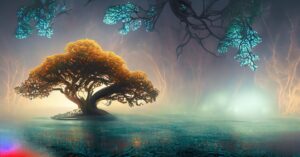 Firefly ancient tree glittering water with dim but pearlescent fog in the background wide shot ni 71