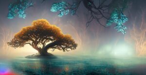 Firefly ancient tree glittering water with dim but pearlescent fog in the background wide shot ni 73