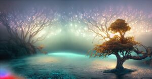 Firefly ancient tree glittering water with dim but pearlescent fog in the background wide shot ni 77
