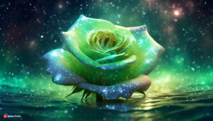 Firefly Light Green florescent rose Flower made of galaxy stars under the water surface on a color 1