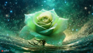 Firefly Light Green florescent rose Flower made of galaxy stars under the water surface on a color 3