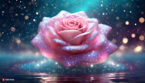 Firefly Light Pink florescent rose Flower made of galaxy stars under the water surface on a color