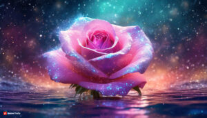 Firefly Light Pink florescent rose Flower made of galaxy stars under the water surface on a color 1