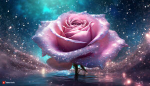 Firefly Light Pink florescent rose Flower made of galaxy stars under the water surface on a color 2