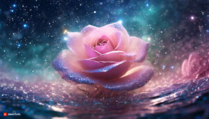 Firefly Light Pink florescent rose Flower made of galaxy stars under the water surface on a color 3