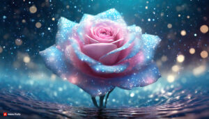 Firefly Light blueish Pink florescent rose Flower made of galaxy stars under the water surface on