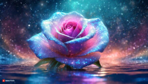 Firefly Light blueish Pink florescent rose Flower made of galaxy stars under the water surface on 1