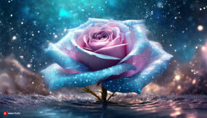 Firefly Light blueish Pink florescent rose Flower made of galaxy stars under the water surface on 2