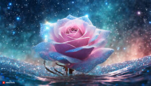 Firefly Light blueish Pink florescent rose Flower made of galaxy stars under the water surface on 3