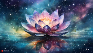 Firefly Lotus Flower made of galaxy stars under the water surface on a color background 13078