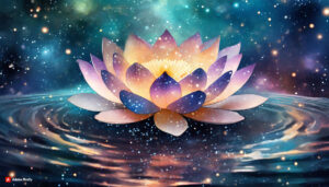 Firefly Lotus Flower made of galaxy stars under the water surface on a color background 14632