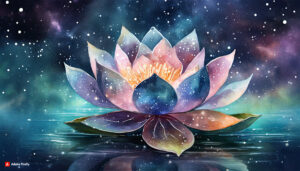 Firefly Lotus Flower made of galaxy stars under the water surface on a color background 44158