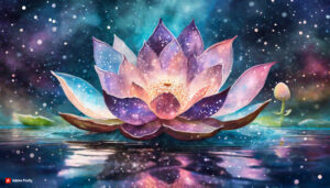Firefly Lotus Flower made of galaxy stars under the water surface on a color background 61851