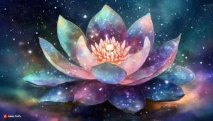 Firefly Lotus Flower made of galaxy stars under the water surface on a color background 76480