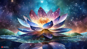 Firefly Lotus Flower made of galaxy stars under the water surface on a color background 81132