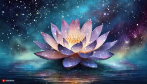 Firefly Lotus Flower made of galaxy stars under the water surface on a color background 99628