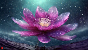 Firefly Magenta Flower made of galaxy stars under the water surface on a color background abstrac