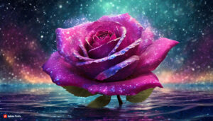 Firefly Magenta Rose Flower made of galaxy stars under the water surface on a color background ab 1
