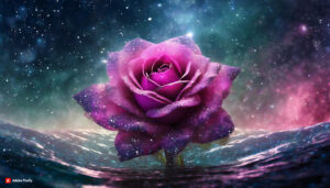 Firefly Magenta Rose Flower made of galaxy stars under the water surface on a color background ab 3