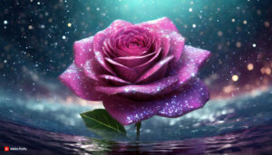 Firefly Magenta Rose Flower made of galaxy stars under the water surface on a color background ab