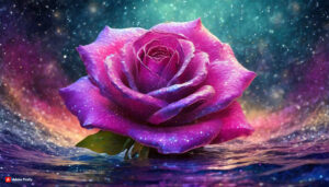 Firefly Magenta Rose Flower made of galaxy stars under the water surface on a color background ab 5