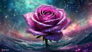 Firefly Magenta Rose Flower made of galaxy stars under the water surface on a color background ab 6