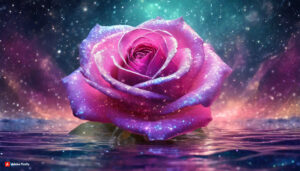 Firefly Pink florescent rose Flower made of galaxy stars under the water surface on a color backgr 1
