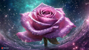 Firefly Pink florescent rose Flower made of galaxy stars under the water surface on a color backgr 2